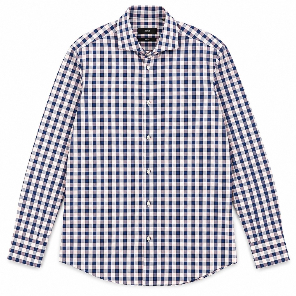HUGO BOSS Gingham Button Up Shirt Men's 41 16 Pink Navy Long Sleeve Cotton